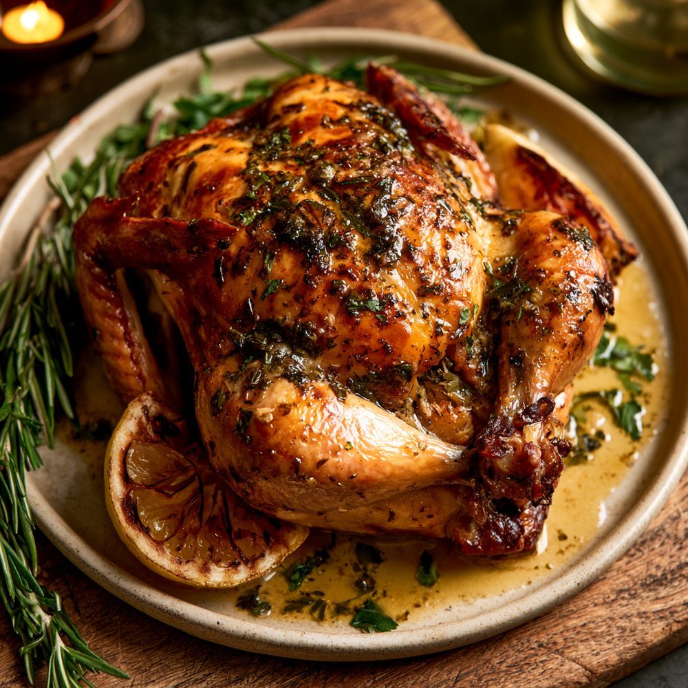Herb-Roasted Cornish Hen, plated and ready to serve
