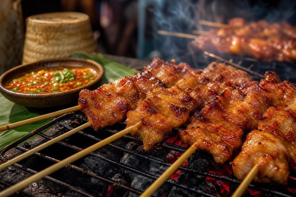 Moo Ping Thai Grilled Pork Skewers, plated and ready to serve