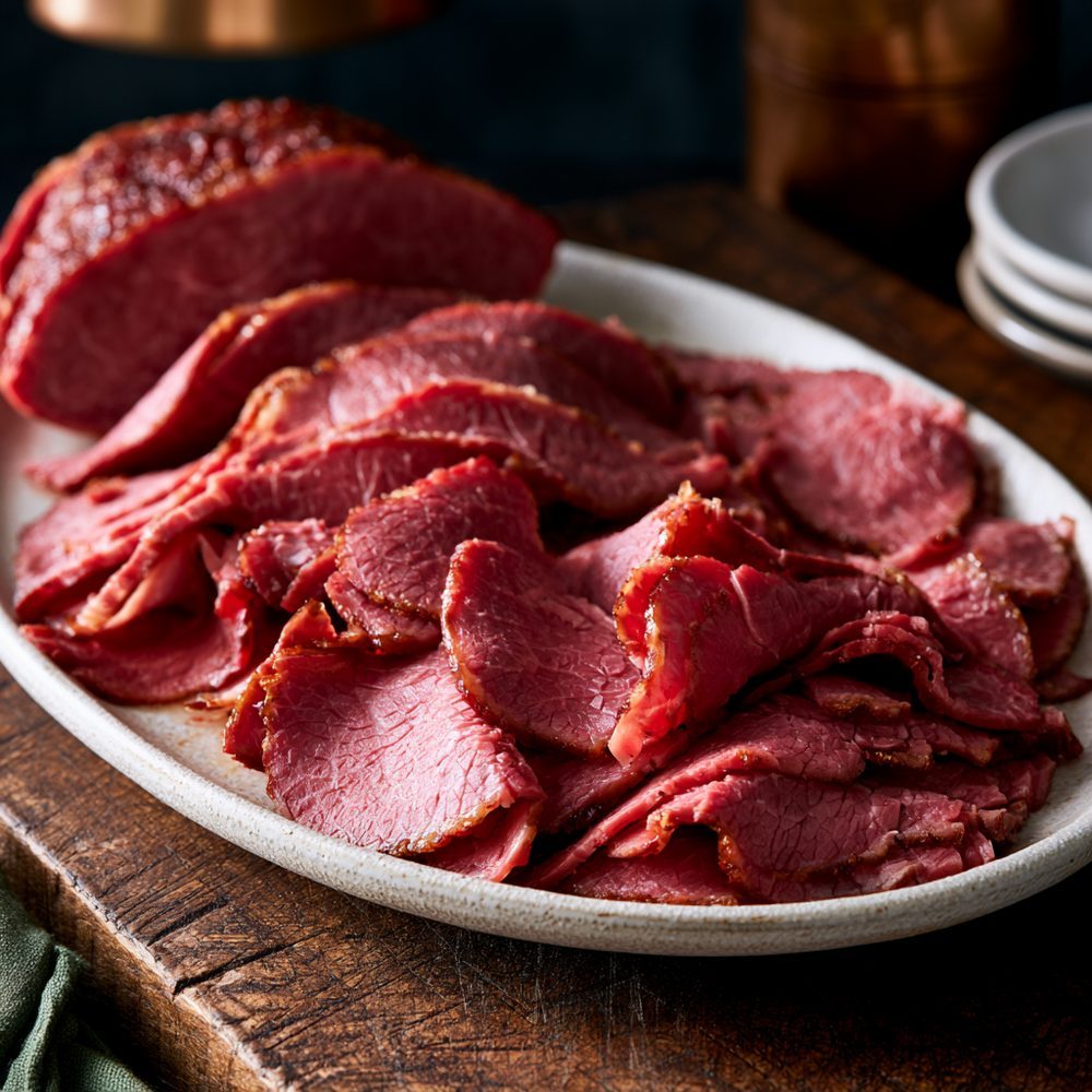 Slow-Braised Corned Beef, plated and ready to serve