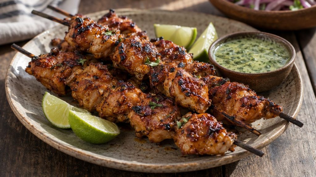 Anticuchos de Pollo, plated and ready to serve