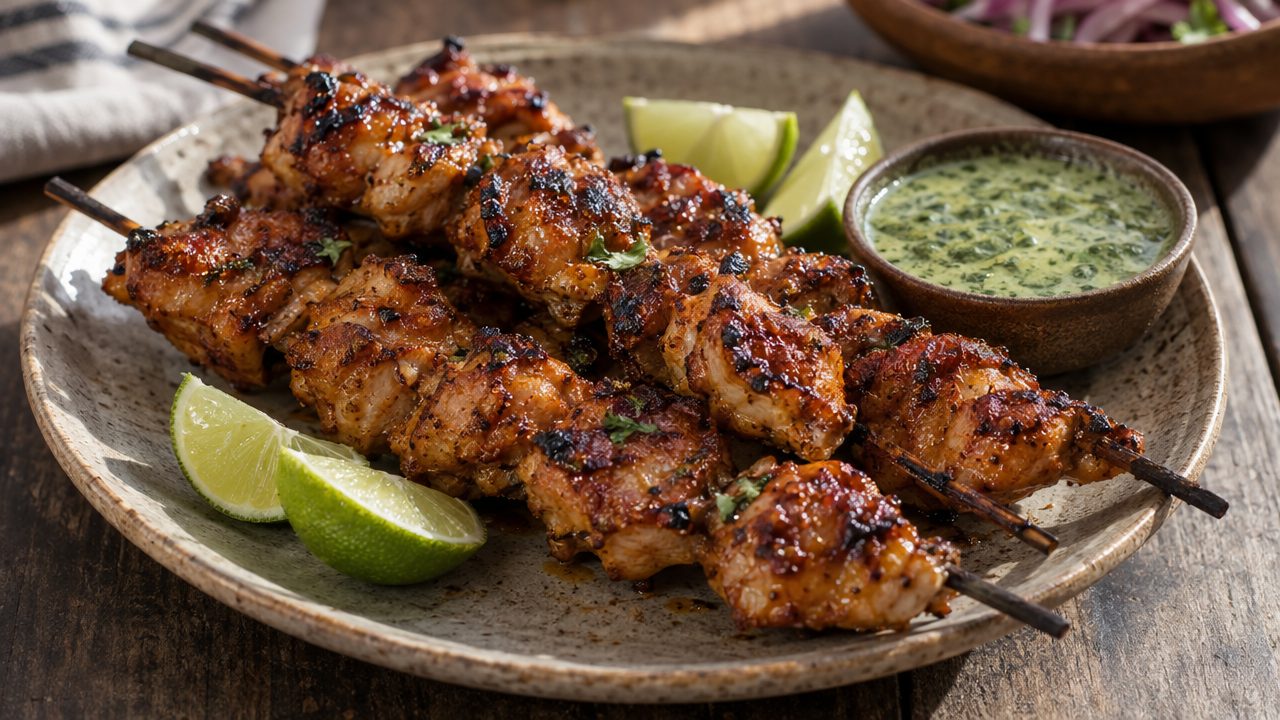 Anticuchos de Pollo, plated and ready to serve