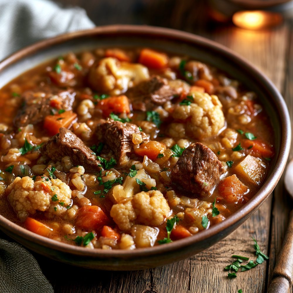 Beef and "Barley" Stew, Cauliflower, plated and ready to serve