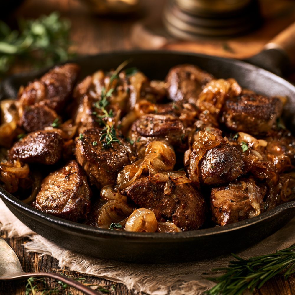 Chicken Livers and Onions, plated and ready to serve
