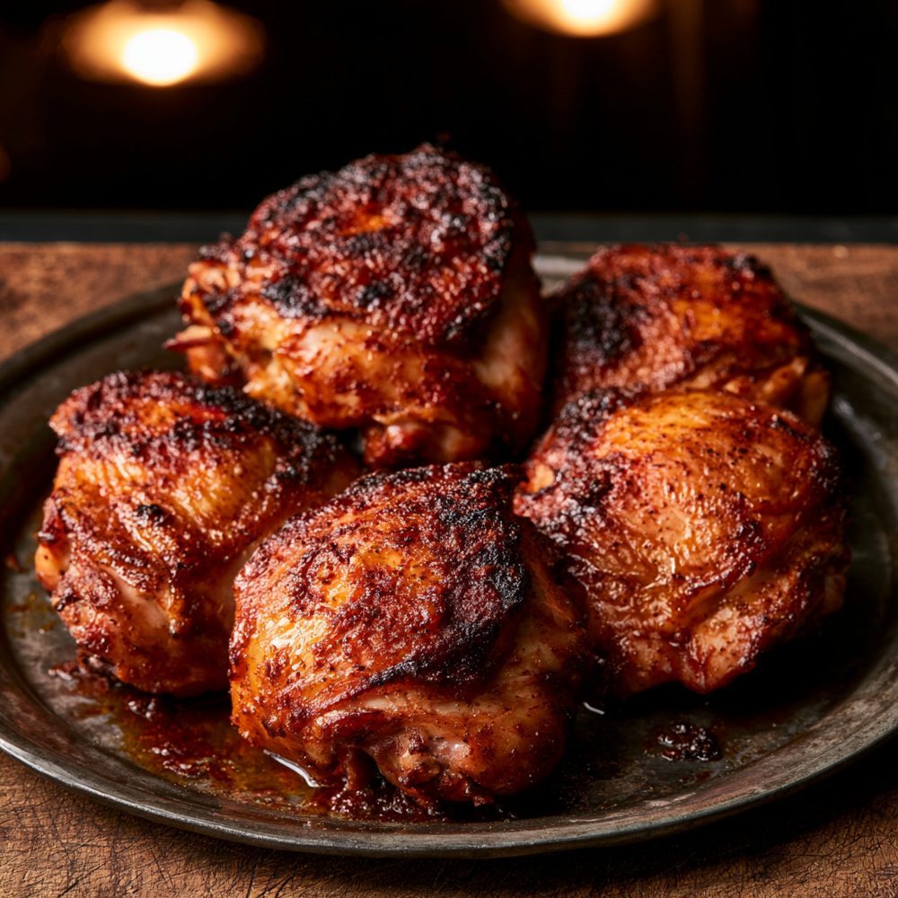 Dry Rub BBQ Chicken Thighs, plated and ready to serve