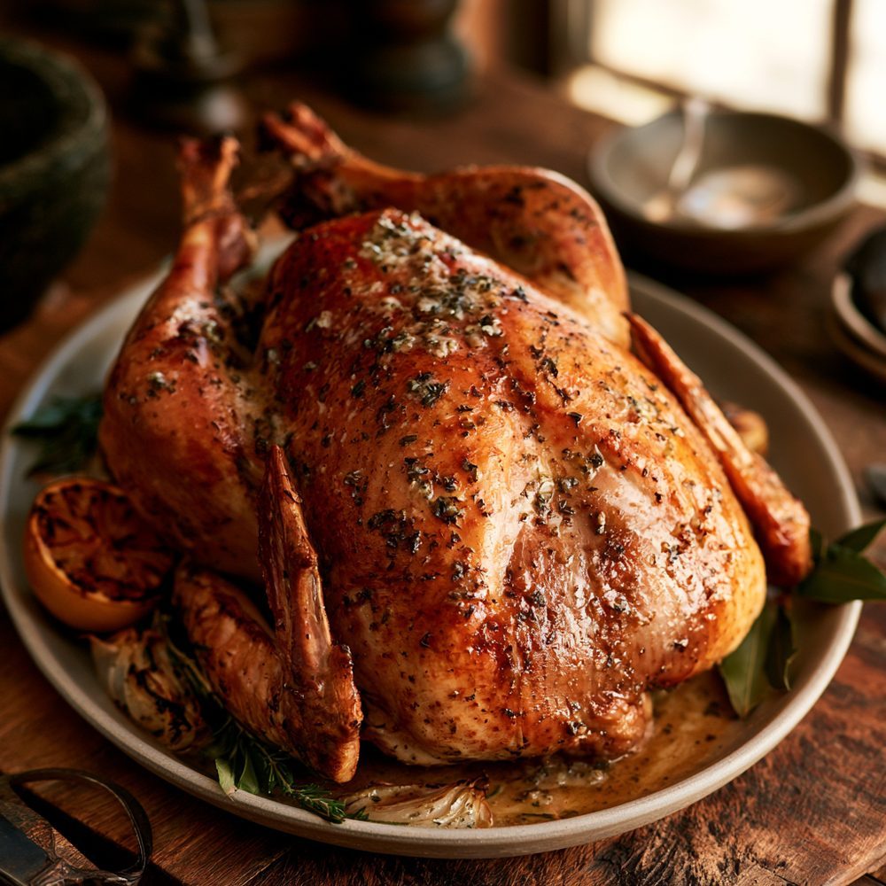 Polish Indyk Pieczony, Roast Turkey, Herb Butter, plated and ready to serve