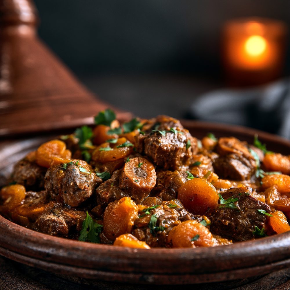Sephardic Lamb Tagine, Sugar-Free Apricot, plated and ready to serve