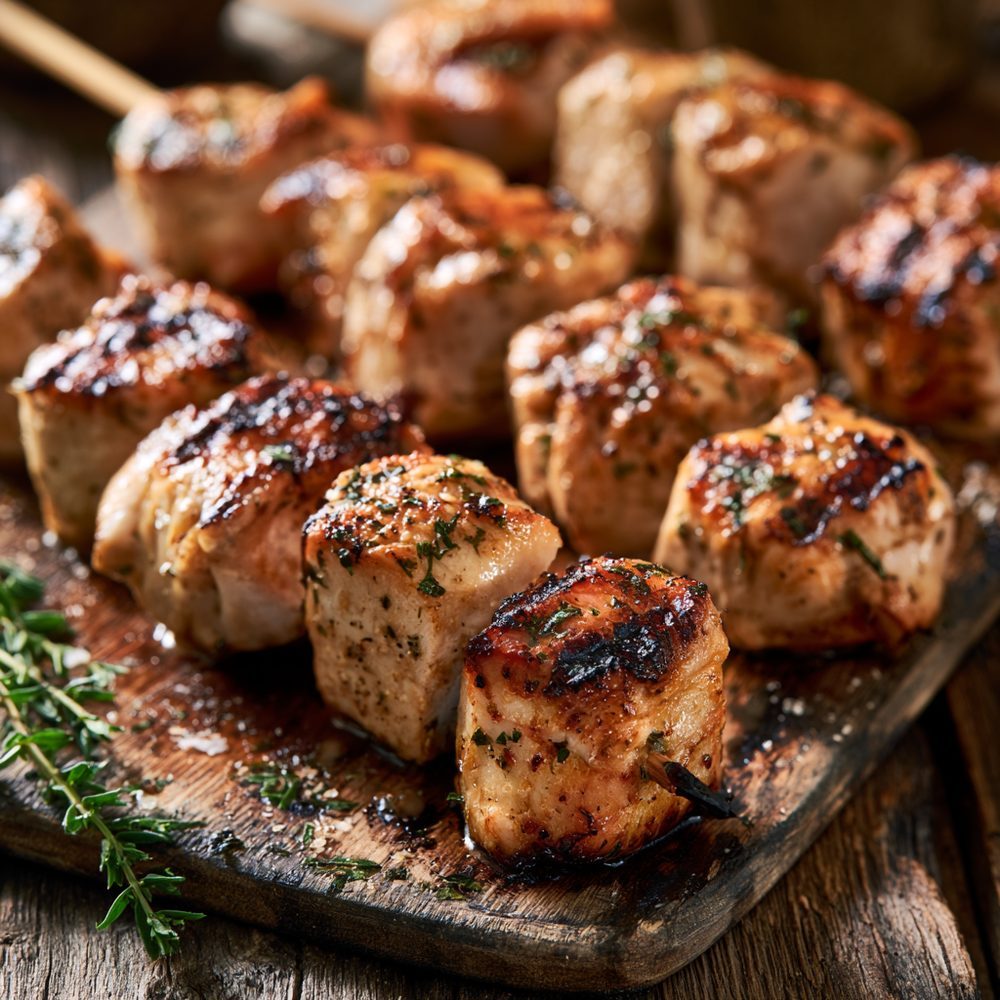 Polish Grilled Chicken Skewers, Marjoram, plated and ready to serve