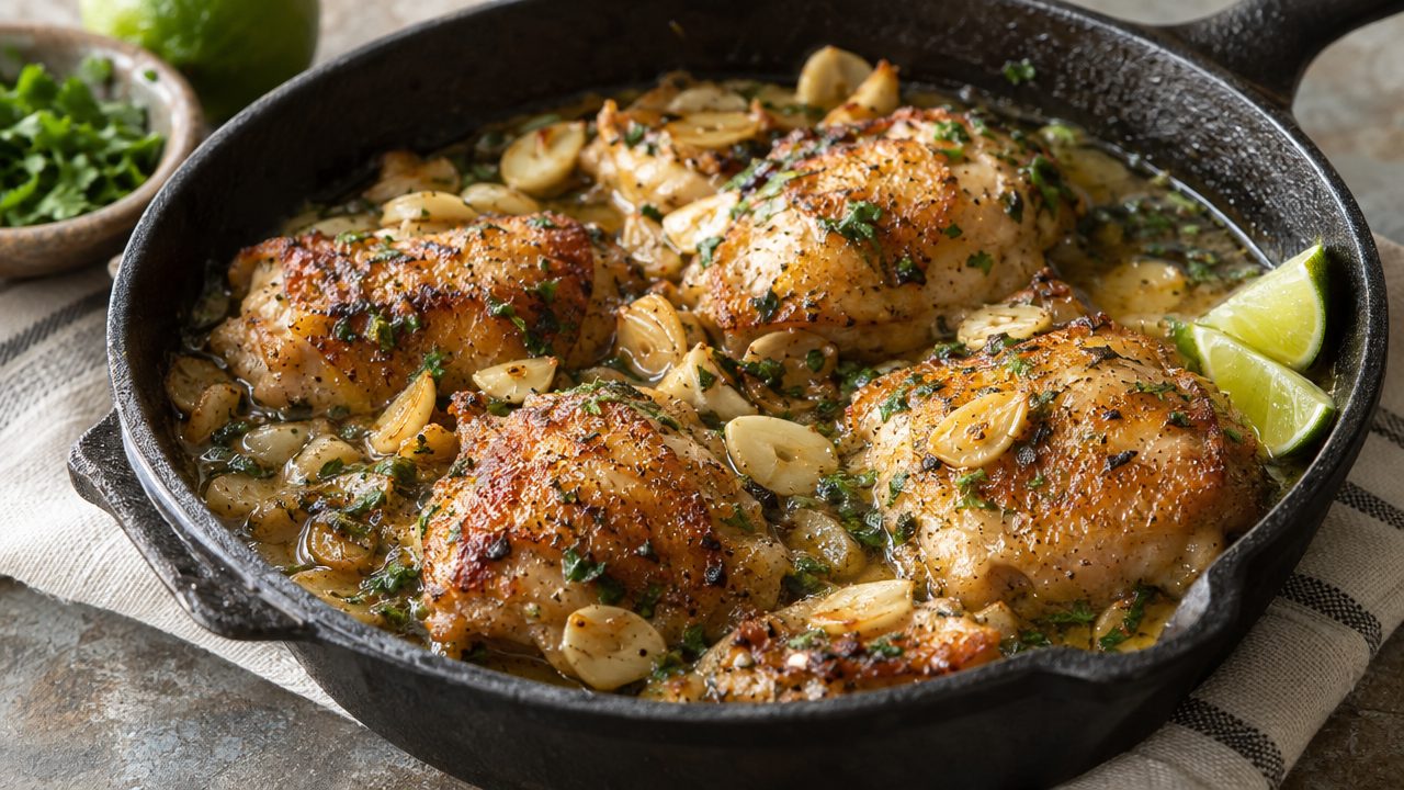 Pollo al Ajillo, plated and ready to serve