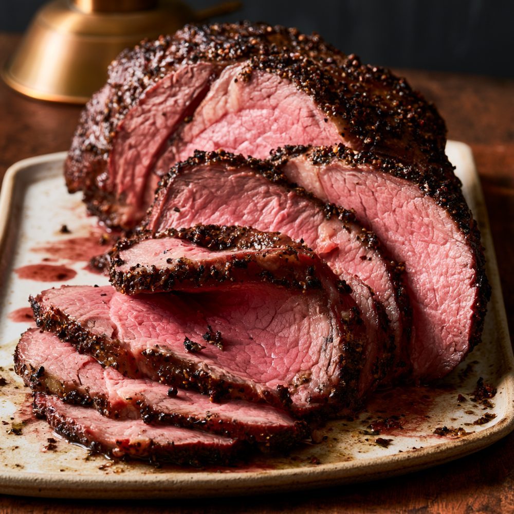 Pastrami-Spiced Beef Roast, plated and ready to serve