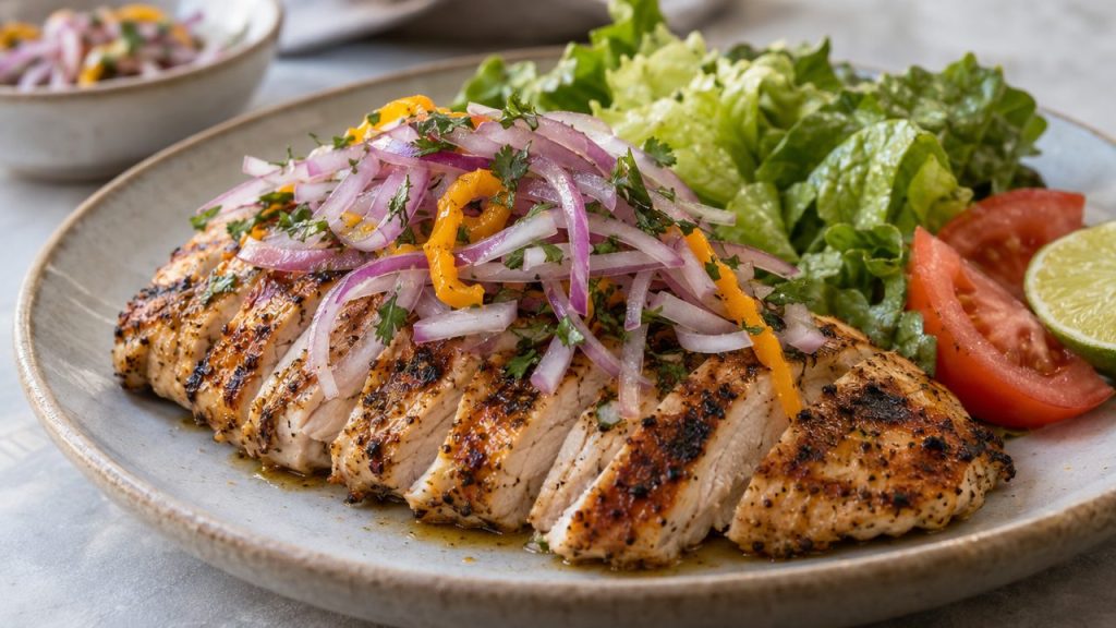 Pollo a la Plancha con Salsa Criolla, plated and ready to serve