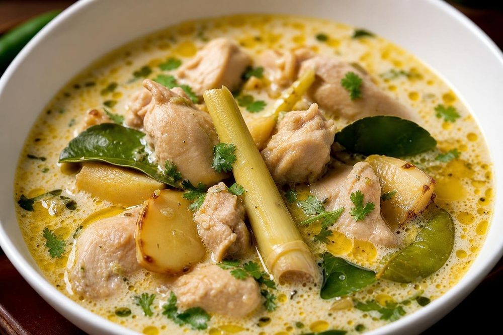 Gai Tom Ka Sai Chicken Coconut Cream, plated and ready to serve