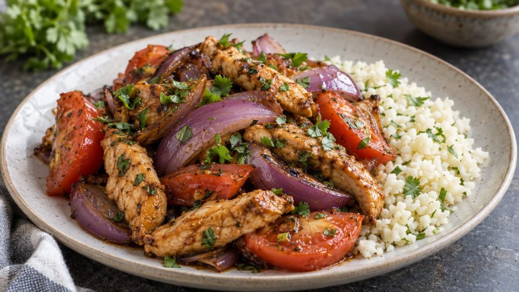 Pollo Saltado, plated and ready to serve