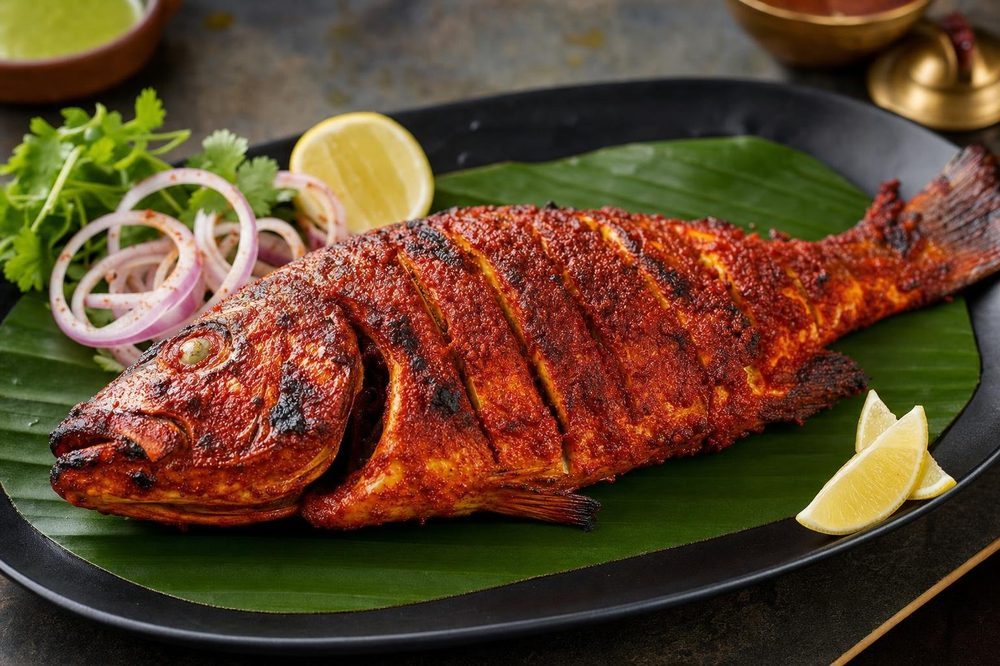 Tandoori Whole Fish, plated and ready to serve