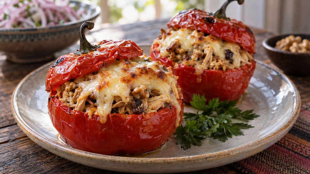 Rocoto Relleno de Pollo, plated and ready to serve