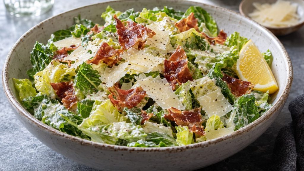Keto Irish Pub Caesar Salad, plated and ready to serve