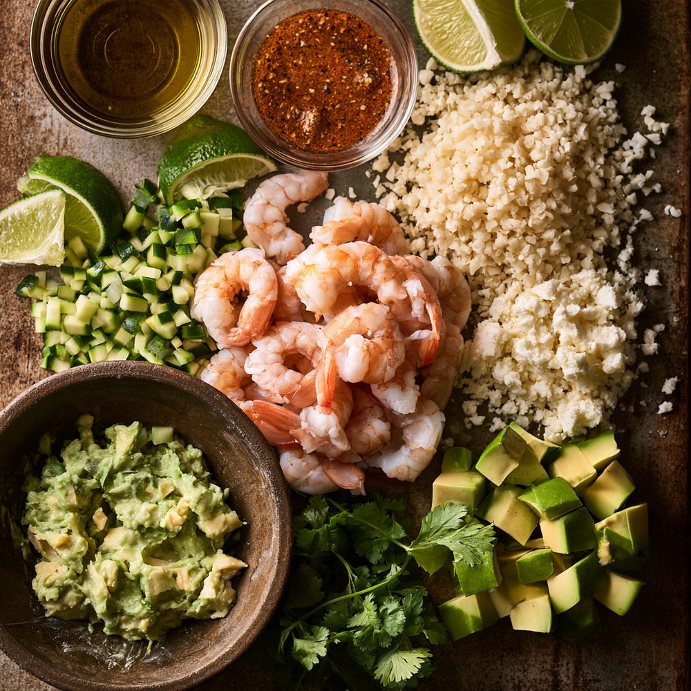 Ingredients for Shrimp & Avocado “Esquites” Salad