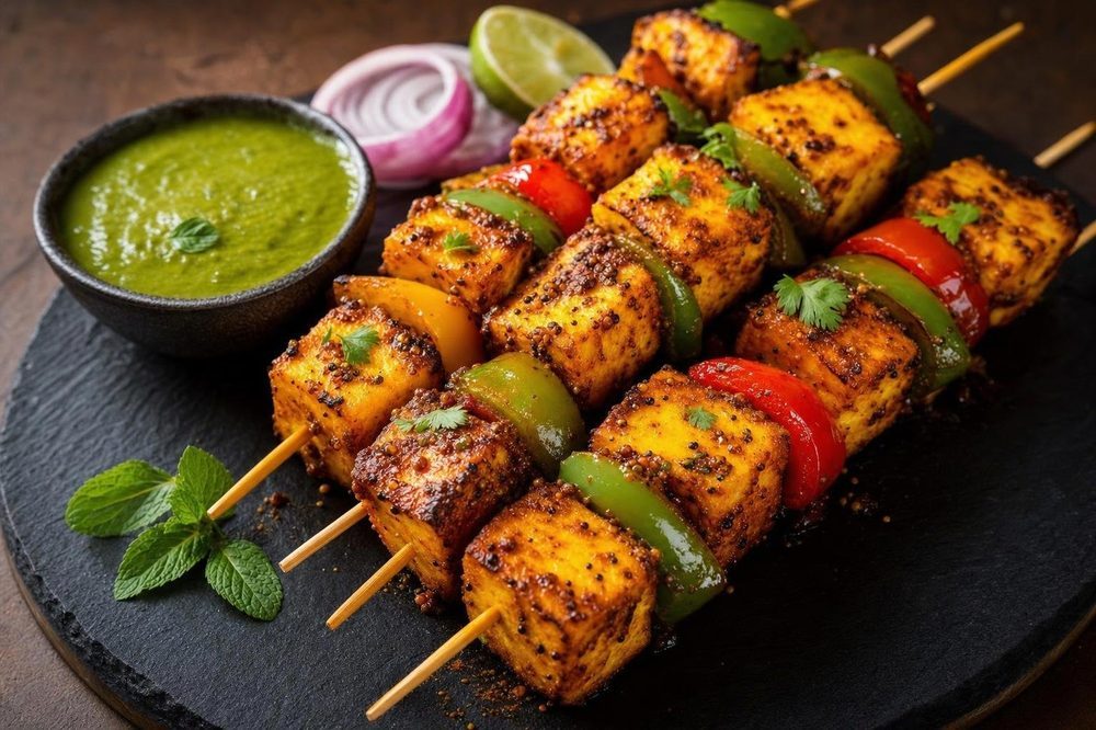 Achari Paneer Skewers, plated and ready to serve