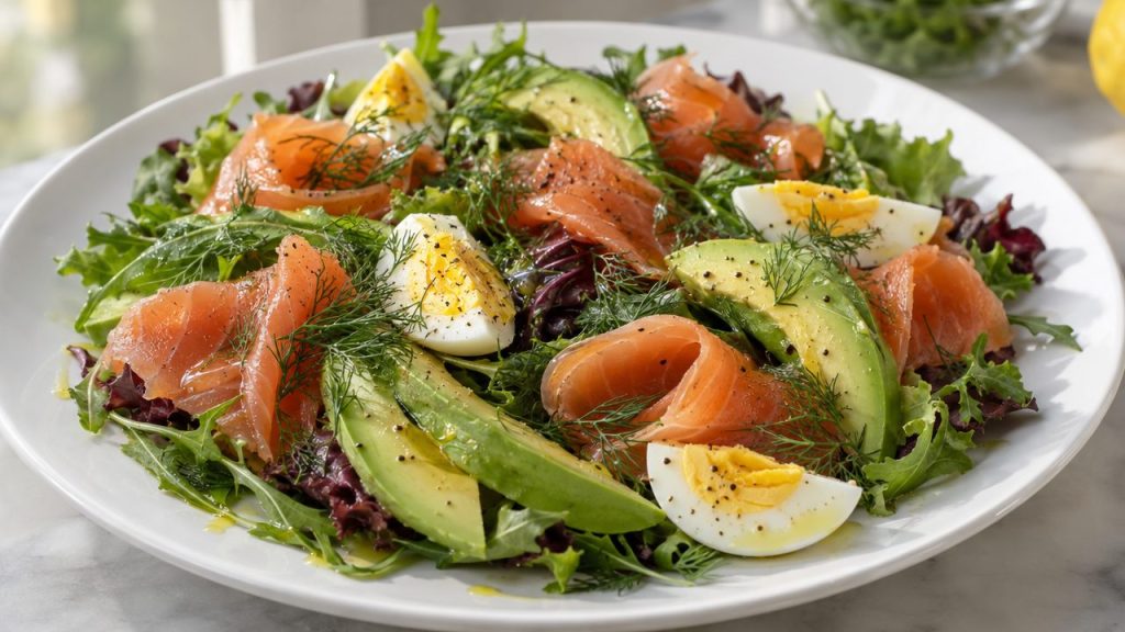 Smoked Salmon and Avocado Salad, plated and ready to serve