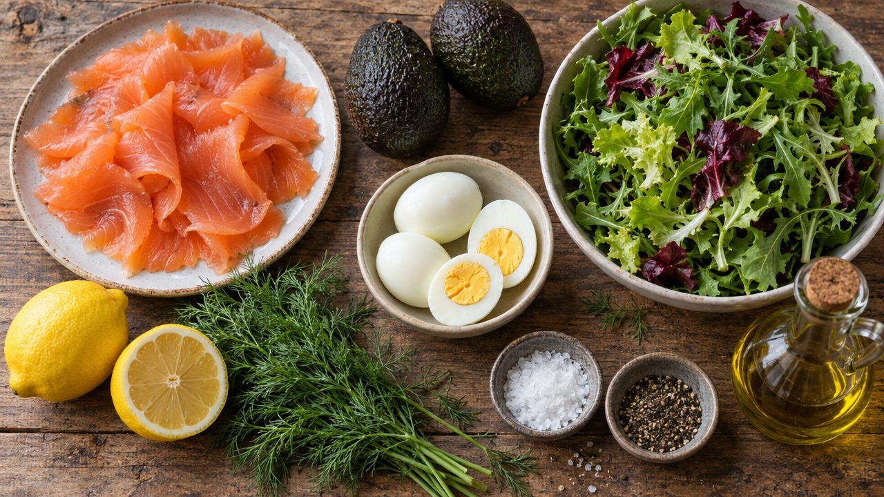 Ingredients for Smoked Salmon and Avocado Salad