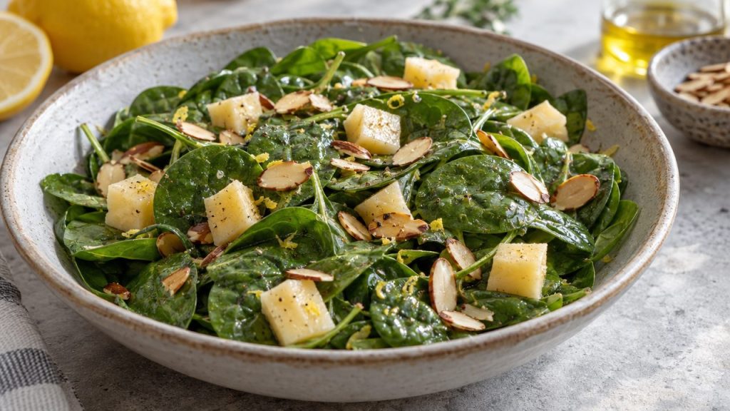 Dubliner Cheese and Spinach Salad, plated and ready to serve
