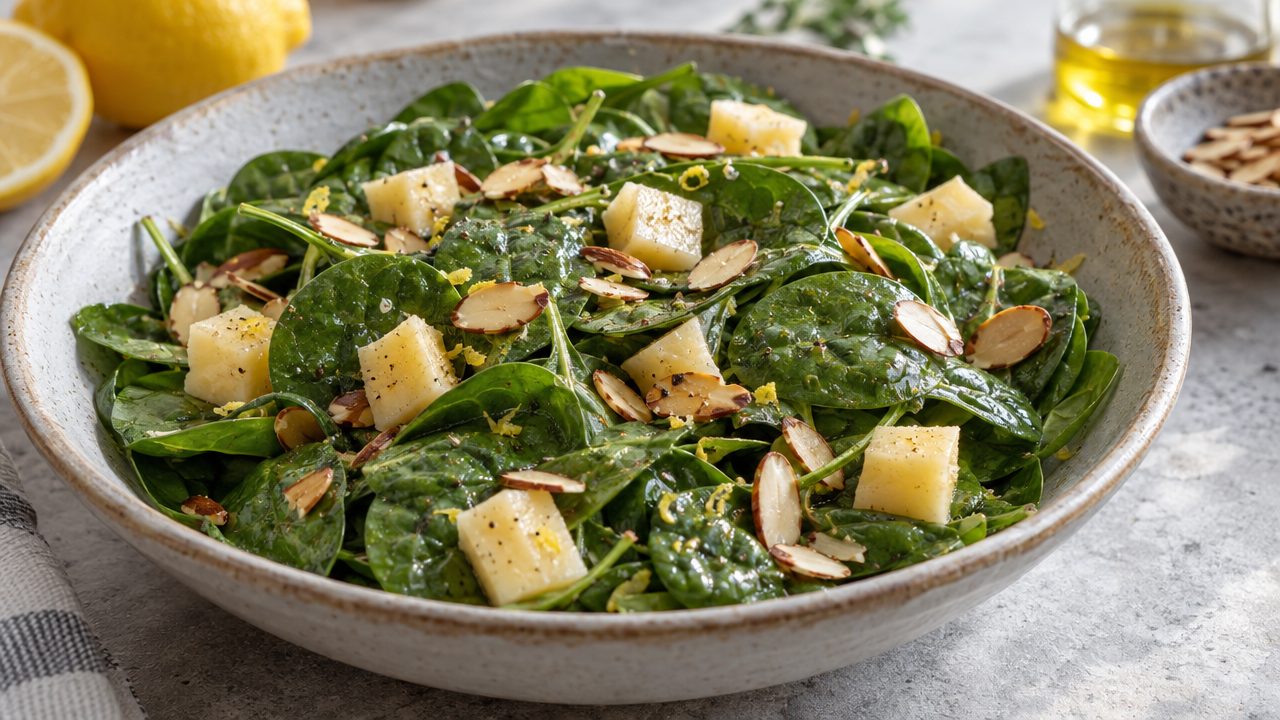 Dubliner Cheese and Spinach Salad, plated and ready to serve