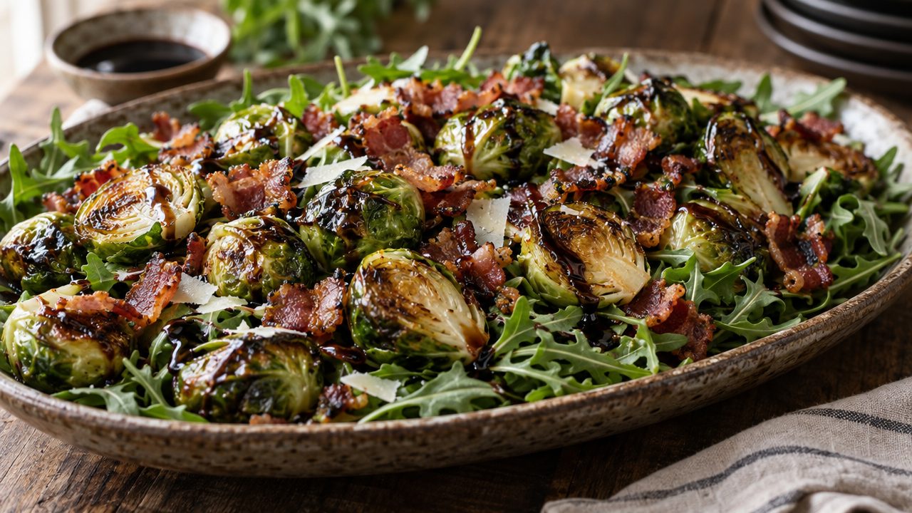 Roasted Brussels Sprouts and Bacon Salad, plated and ready to serve