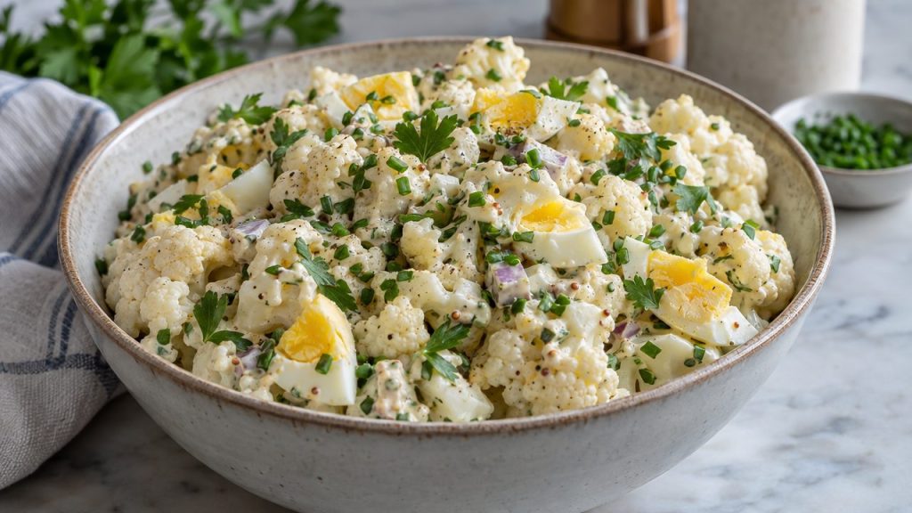 Herbed Keto "Potato" Salad (using Cauliflower), plated and ready to serve