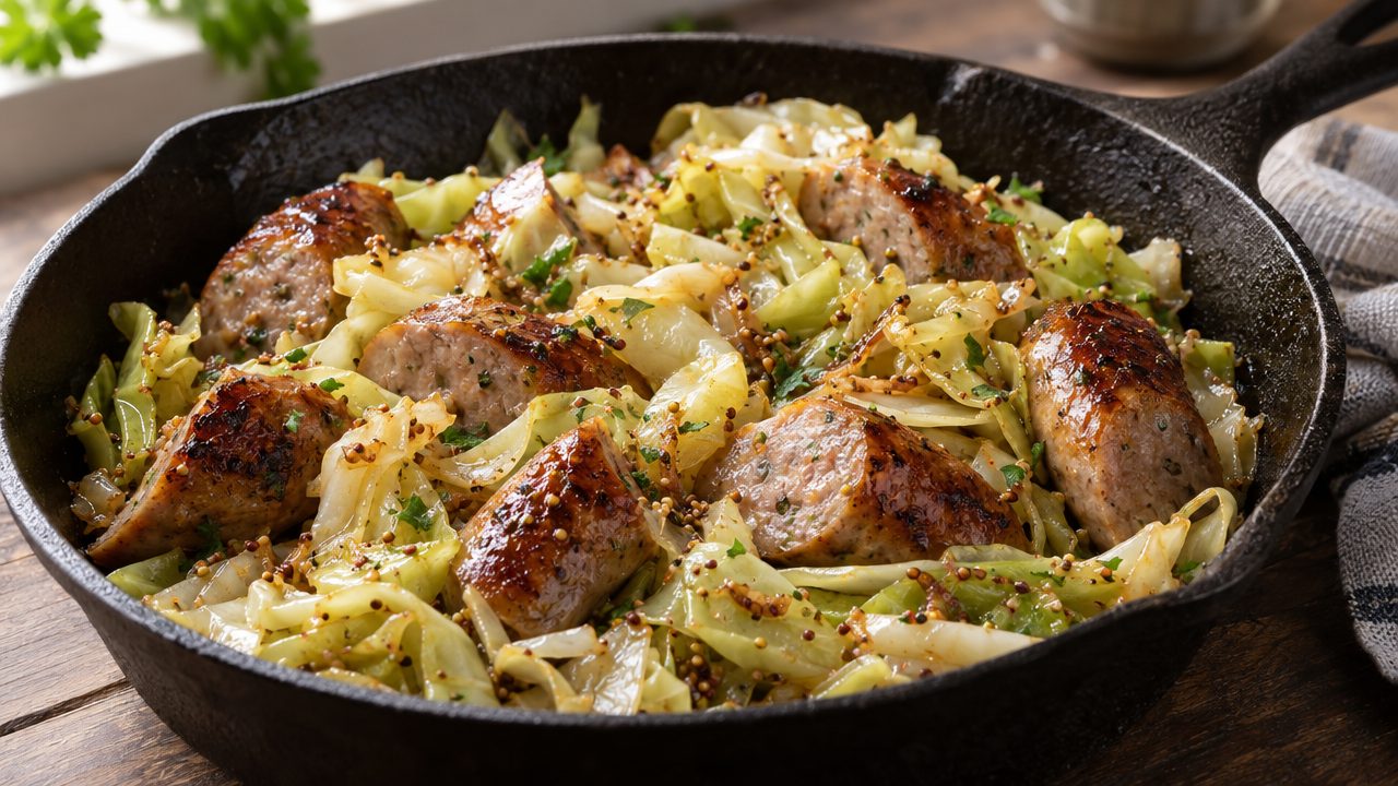Warm Keto Sausage and Cabbage Salad, plated and ready to serve