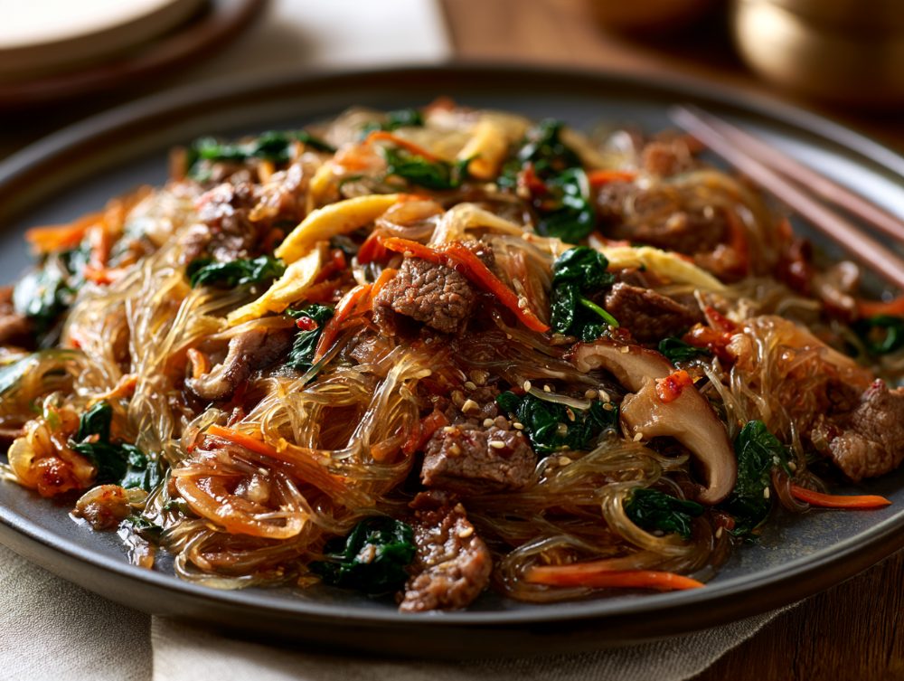 Korean Japchae, Stir-Fried Noodles with Beef and Vegetables