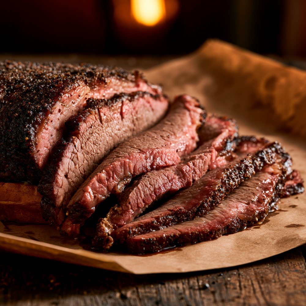 Texas-Style Smoked Brisket, plated and ready to serve