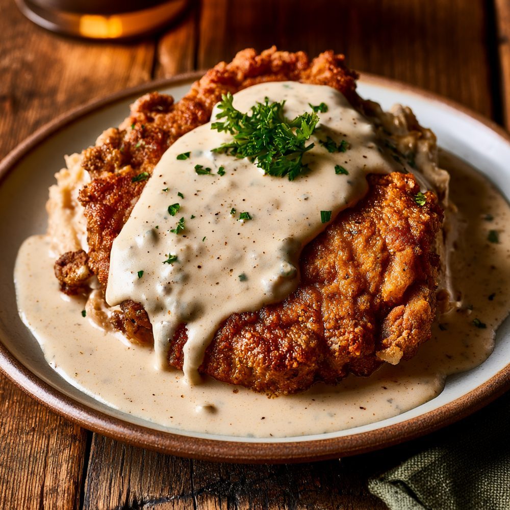 Chicken Fried Steak, Keto Breading, plated and ready to serve