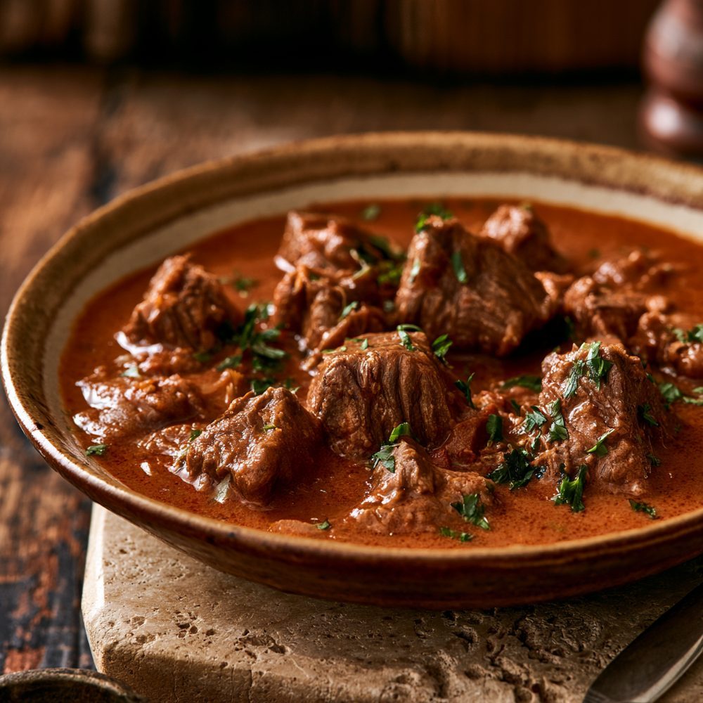 Polish Gulasz Wołowy, Beef Goulash, Polish Style, plated and ready to serve
