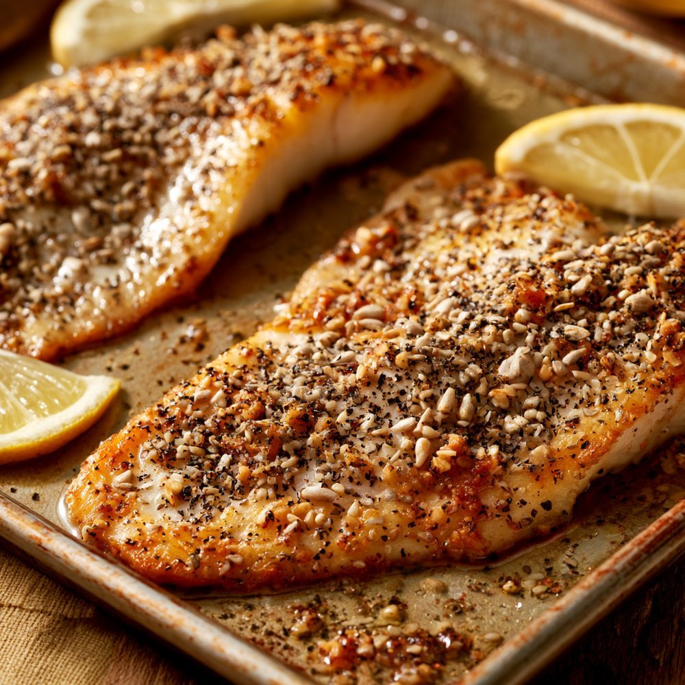 Baked Tilapia with Everything Seasoning, plated and ready to serve