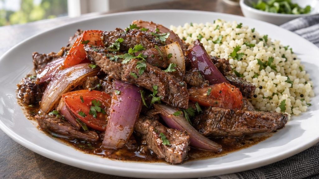 Lomo Saltado, plated and ready to serve