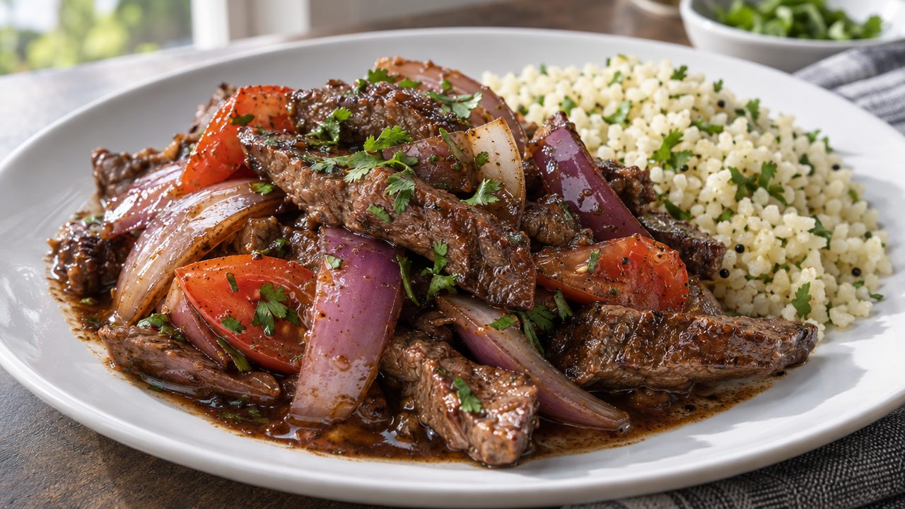 Lomo Saltado, plated and ready to serve