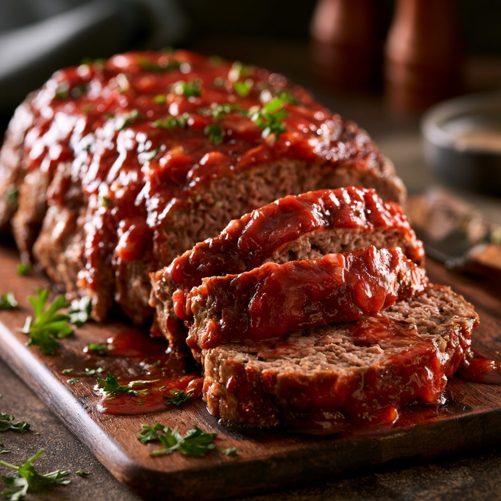 Southern Meatloaf with Tomato Glaze, plated and ready to serve