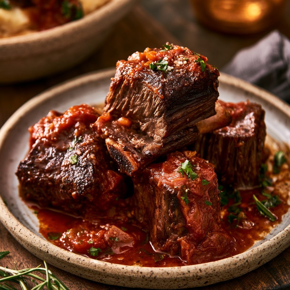 Braised Beef Short Ribs in Red Gravy, plated and ready to serve