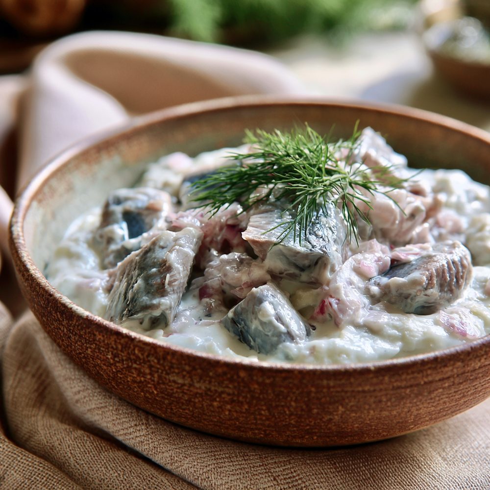 Herring in Sour Cream, plated and ready to serve