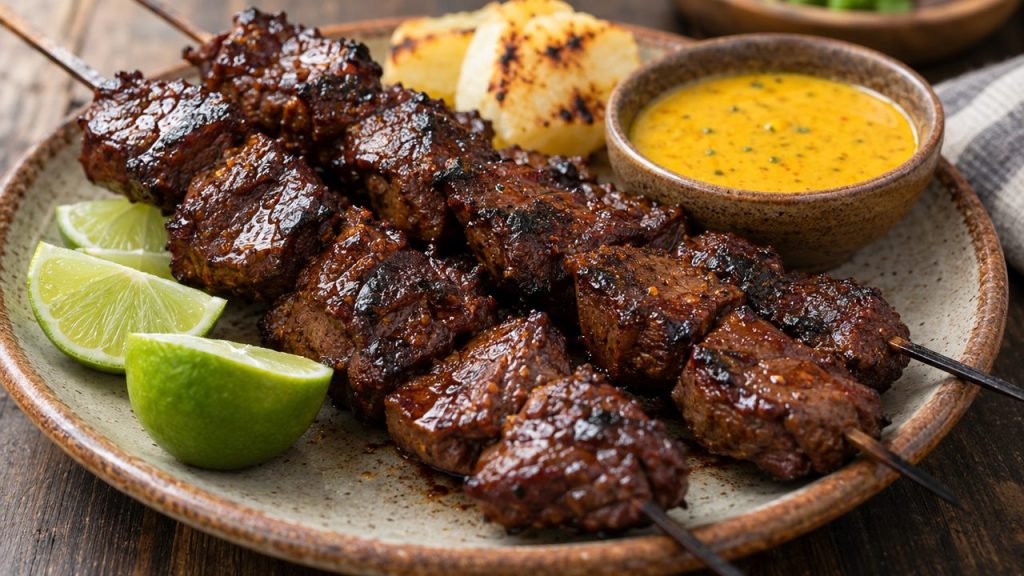 Anticuchos de Res, plated and ready to serve