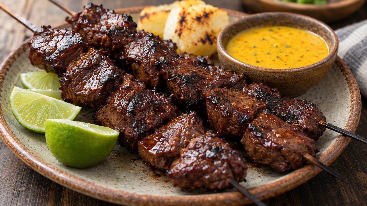 Anticuchos de Res, plated and ready to serve