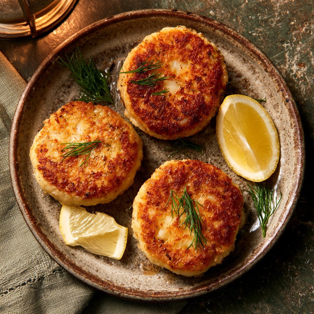 Cod Cakes with Lemon and Dill, plated and ready to serve