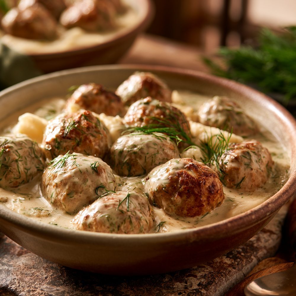 Polish Klopsiki in Dill Sauce, plated and ready to serve