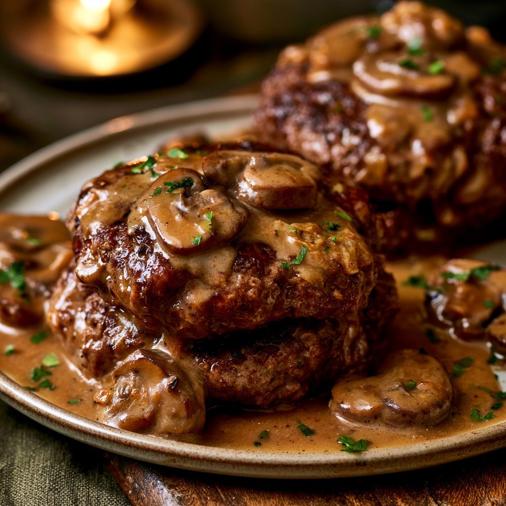 Salisbury Steak with Mushroom Gravy, plated and ready to serve