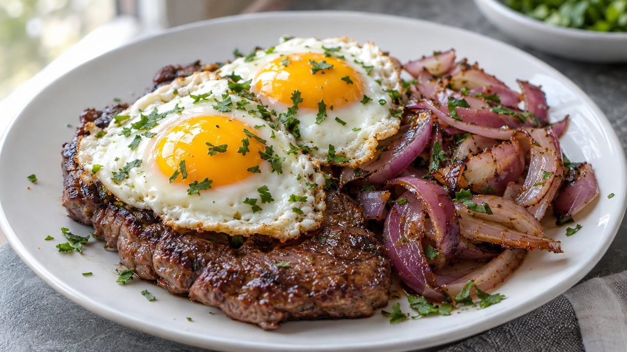 Bistec a lo Pobre, plated and ready to serve