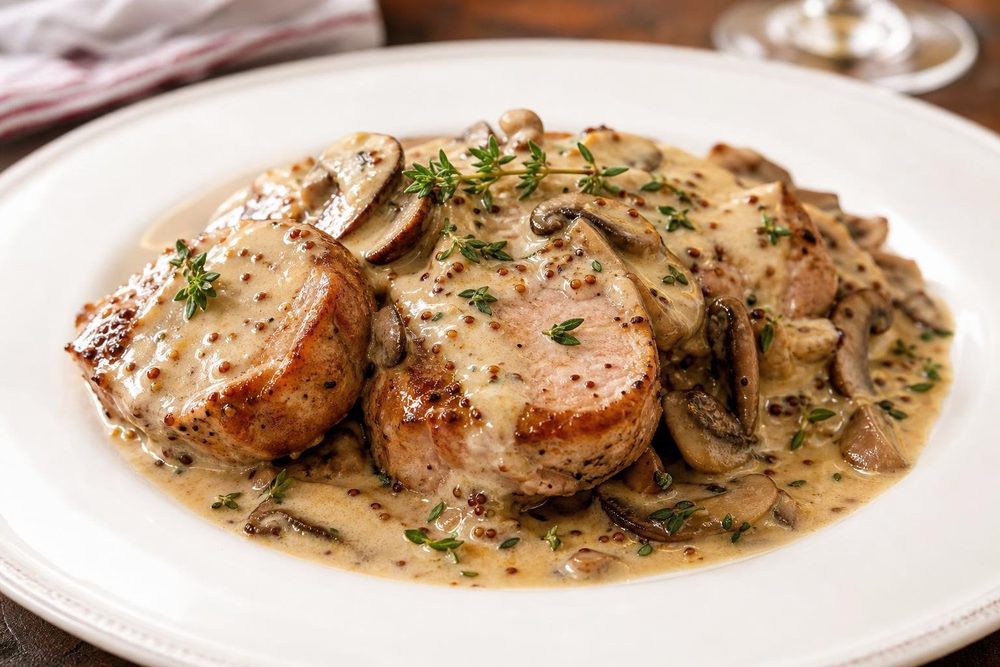 Porc Moutarde Champignons, plated and ready to serve