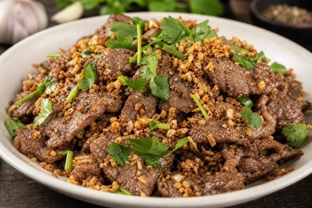 Neua Pad Kratiem Garlic Beef Stir Fry, plated and ready to serve