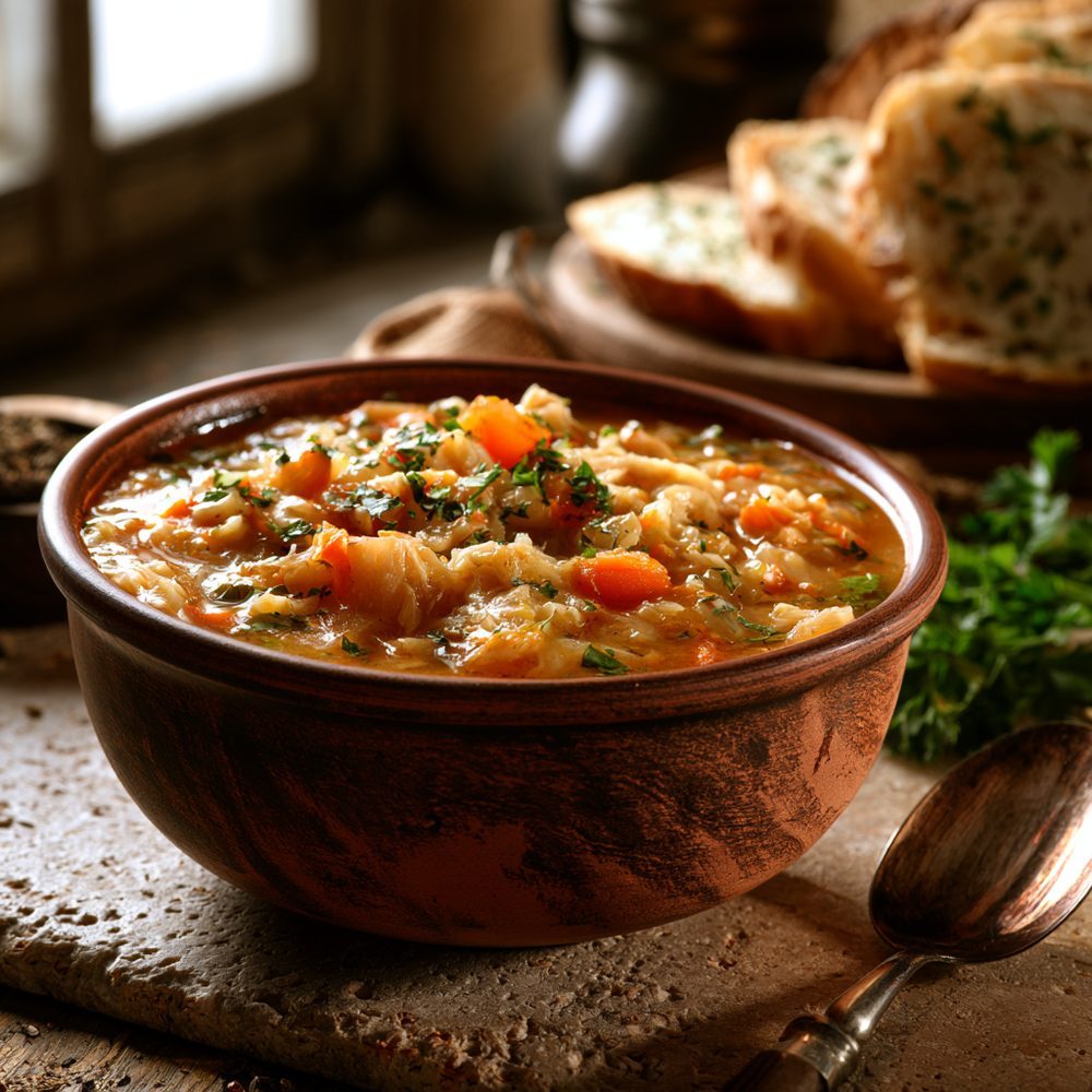 Polish Flaki Wołowe, Beef Tripe Stew, plated and ready to serve