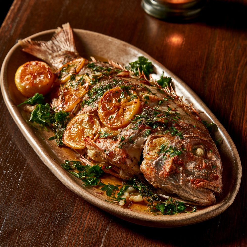 Whole Roasted St. Peter's Fish, plated and ready to serve