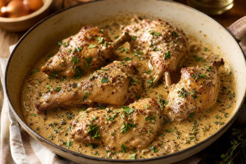 Lapin à la Moutarde Dijon, plated and ready to serve