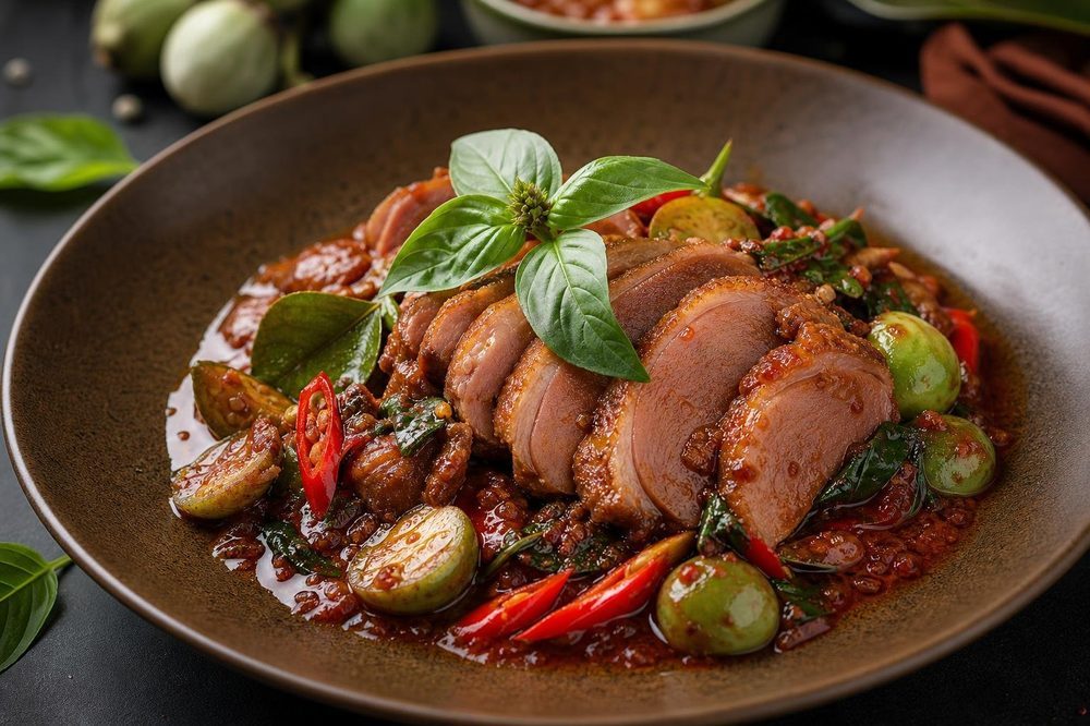 Ped Pad Phed Spicy Stir Fried Duck, plated and ready to serve